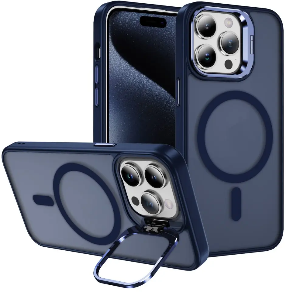 Apple iPhone 15 Pro Hoesje MagSafe Back Cover met Camera Stand Blauw afbeelding 1
