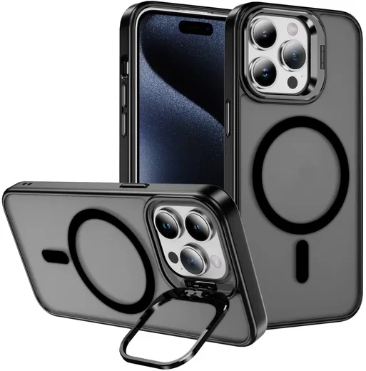 Apple iPhone 15 Pro Max Hoesje MagSafe Back Cover met Camera Stand Zwart afbeelding 1