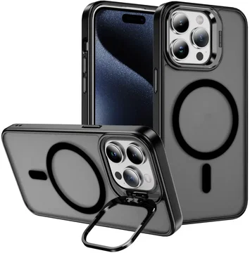 Apple iPhone 15 Pro Max Hoesje MagSafe Back Cover met Camera Stand Zwart