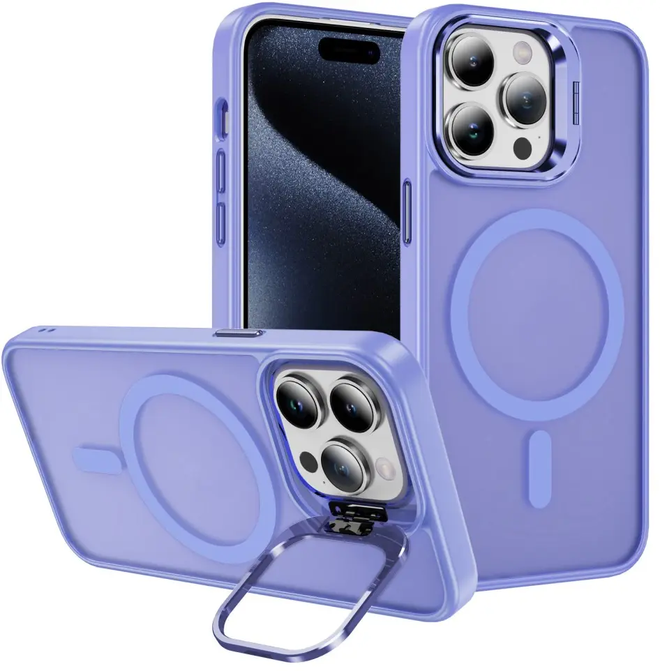 Apple iPhone 15 Pro Max Hoesje MagSafe Back Cover met Camera Stand Licht Paars afbeelding 1