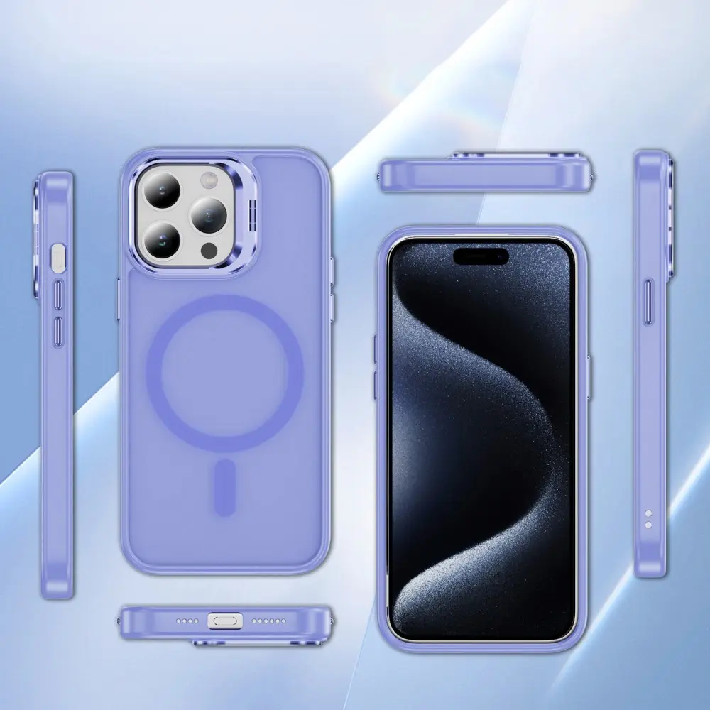 Apple iPhone 15 Pro Max Hoesje MagSafe Back Cover met Camera Stand Licht Paars afbeelding 7