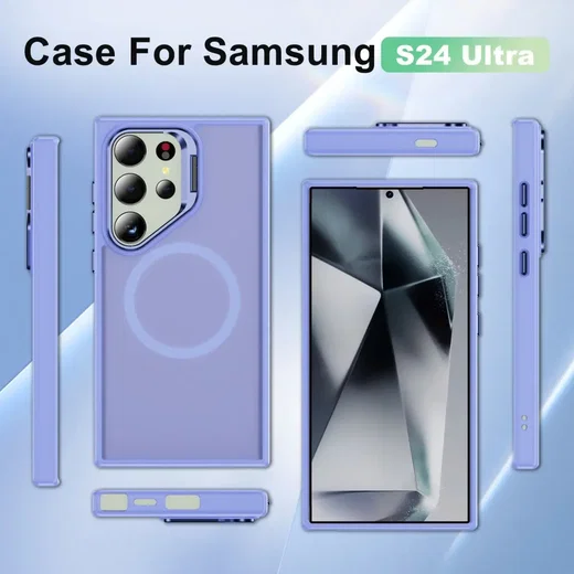 Samsung Galaxy S24 Ultra Hoesje MagSafe Back Cover met Camera Stand Licht Paars afbeelding 9