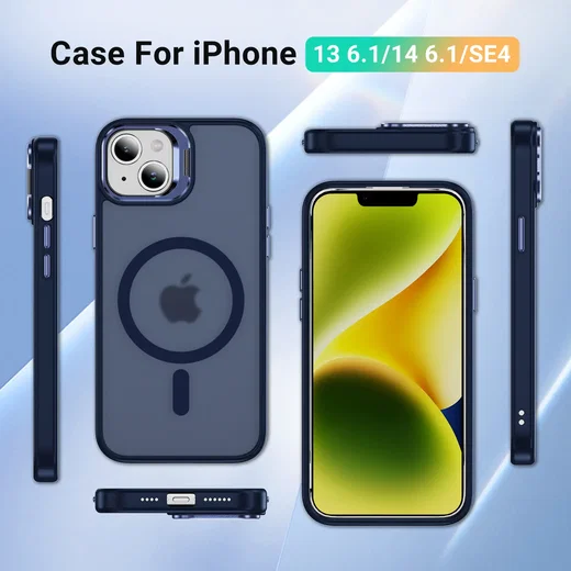 Apple iPhone 13 / 14 Hoesje MagSafe Back Cover met Camera Stand Blauw afbeelding 10