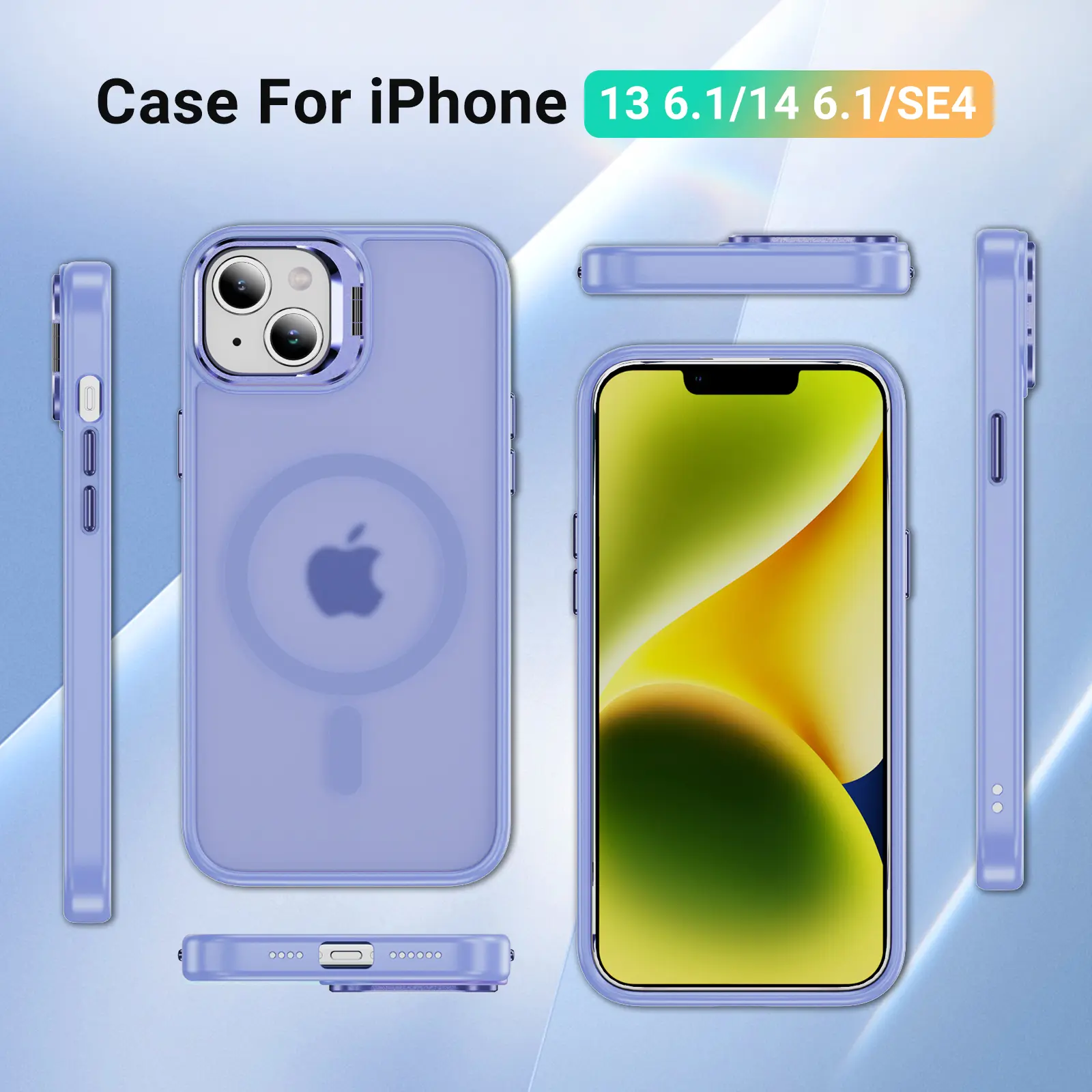 Apple iPhone 13 / 14 Hoesje MagSafe Back Cover met Camera Stand Licht Paars afbeelding 10