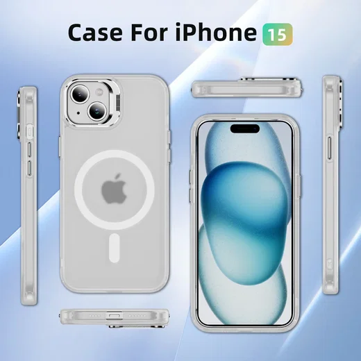Apple iPhone 15 Hoesje MagSafe Back Cover met Camera Stand Transparant afbeelding 11
