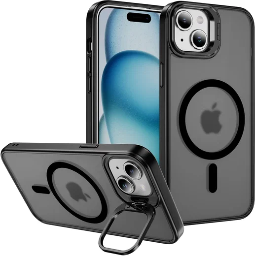 Apple iPhone 15 Hoesje MagSafe Back Cover met Camera Stand Zwart afbeelding 1