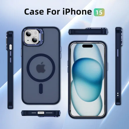 Apple iPhone 15 Hoesje MagSafe Back Cover met Camera Stand Blauw afbeelding 10