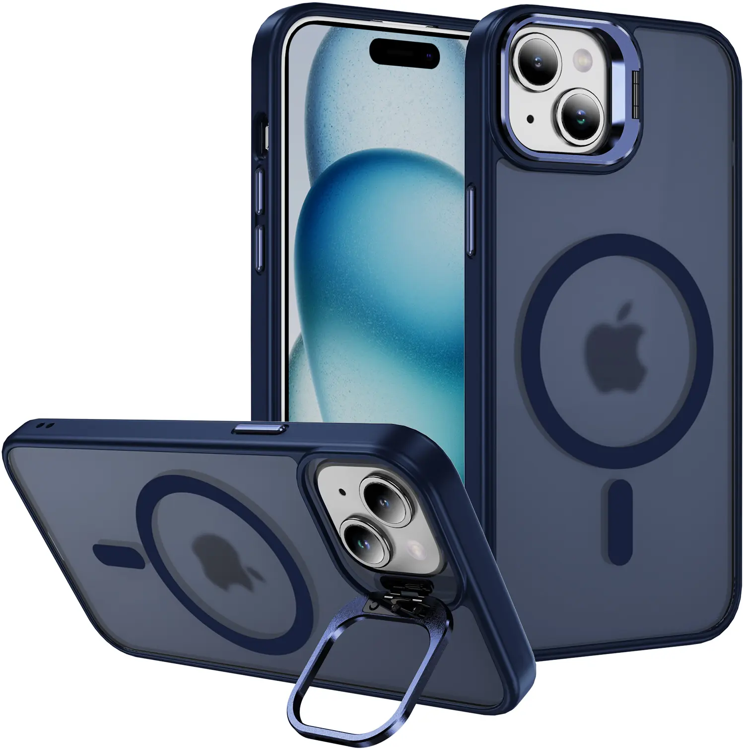 Apple iPhone 15 Hoesje MagSafe Back Cover met Camera Stand Blauw afbeelding 1