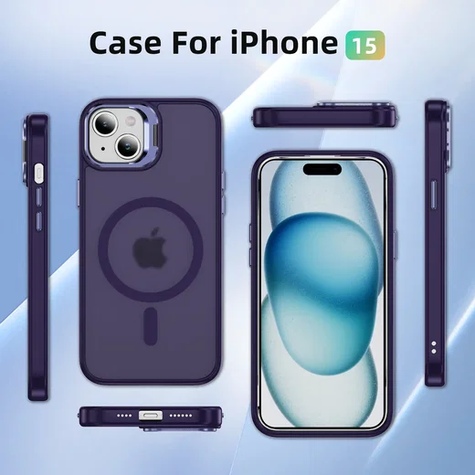 Apple iPhone 15 Hoesje MagSafe Back Cover met Camera Stand Paars afbeelding 10
