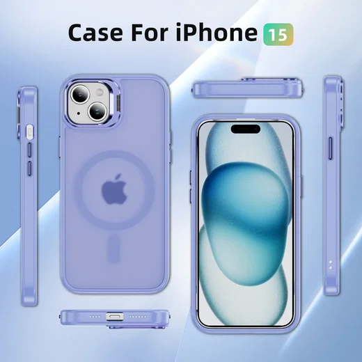 Apple iPhone 15 Hoesje MagSafe Back Cover met Camera Stand Licht Paars afbeelding 8