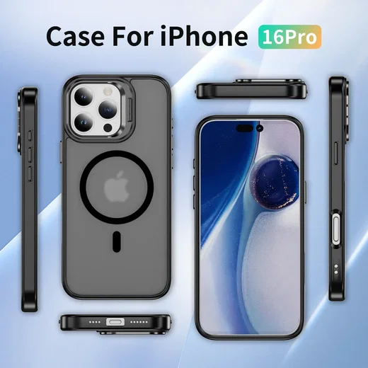 Apple iPhone 16 Pro Hoesje MagSafe Back Cover met Camera Stand Zwart afbeelding 8