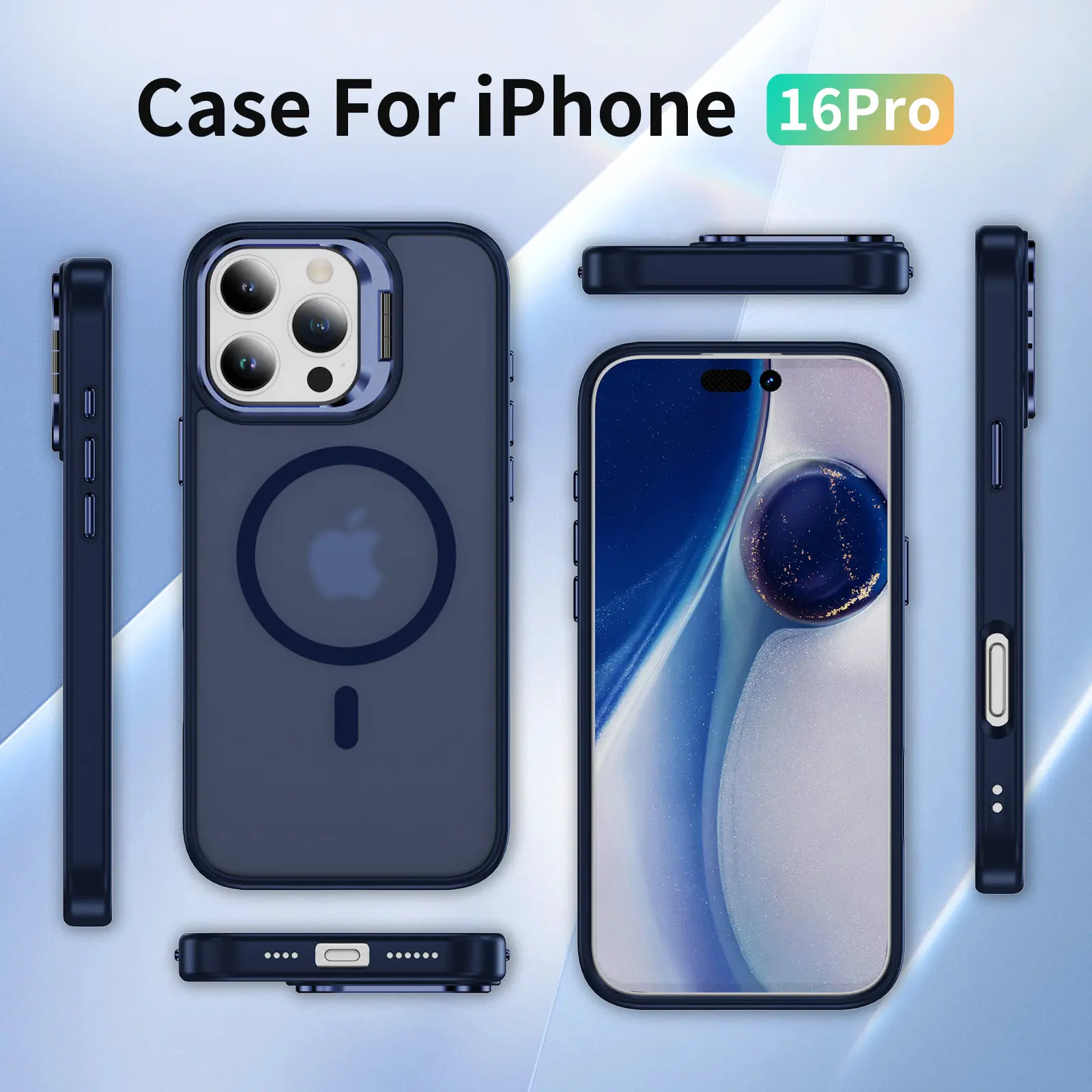 Apple iPhone 16 Pro Hoesje MagSafe Back Cover met Camera Stand Blauw afbeelding 8