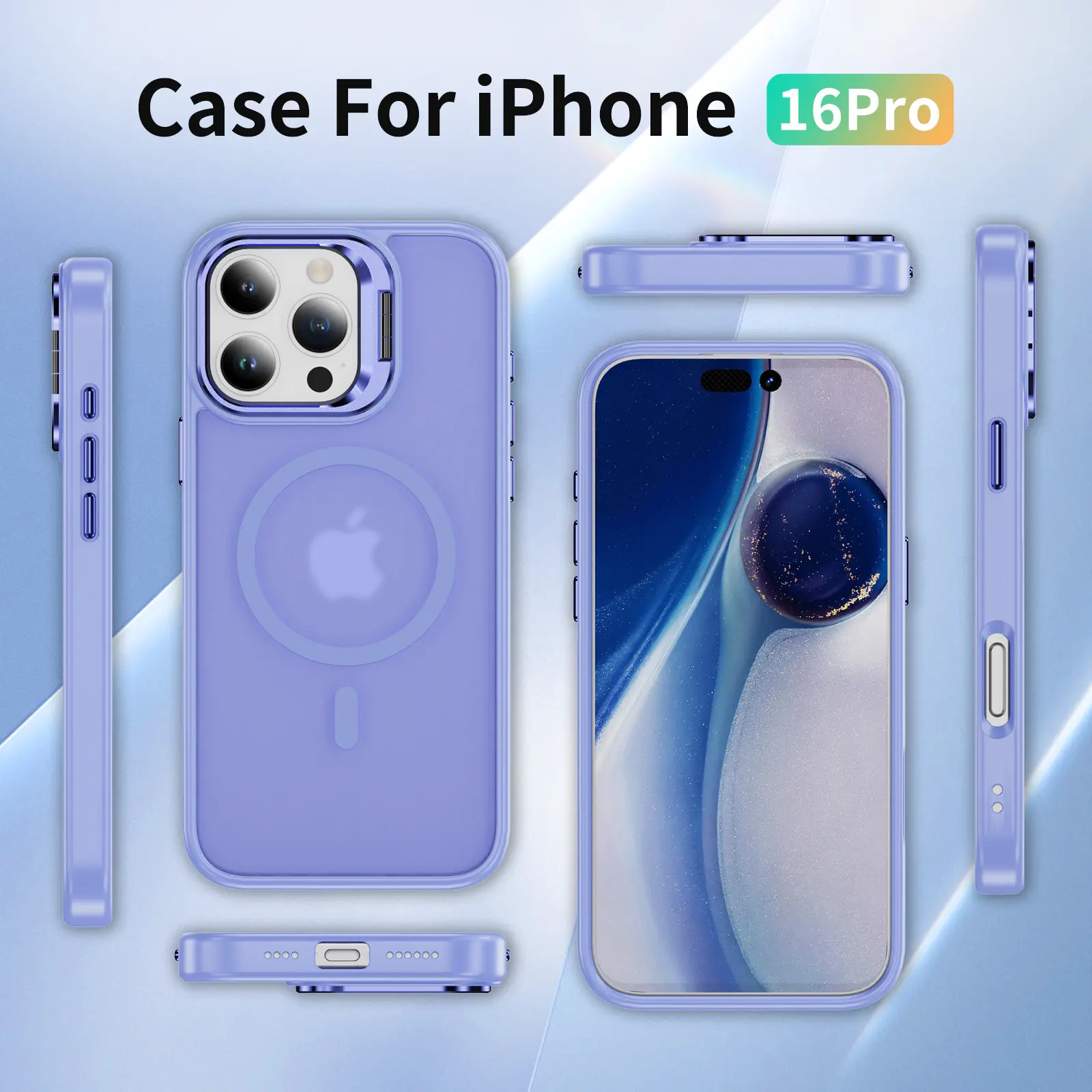 Apple iPhone 16 Pro Hoesje MagSafe Back Cover met Camera Stand Licht Paars afbeelding 10