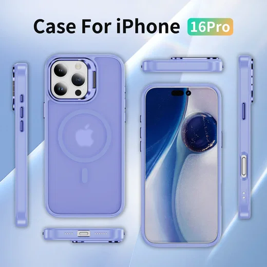 Apple iPhone 16 Pro Hoesje MagSafe Back Cover met Camera Stand Licht Paars afbeelding 10