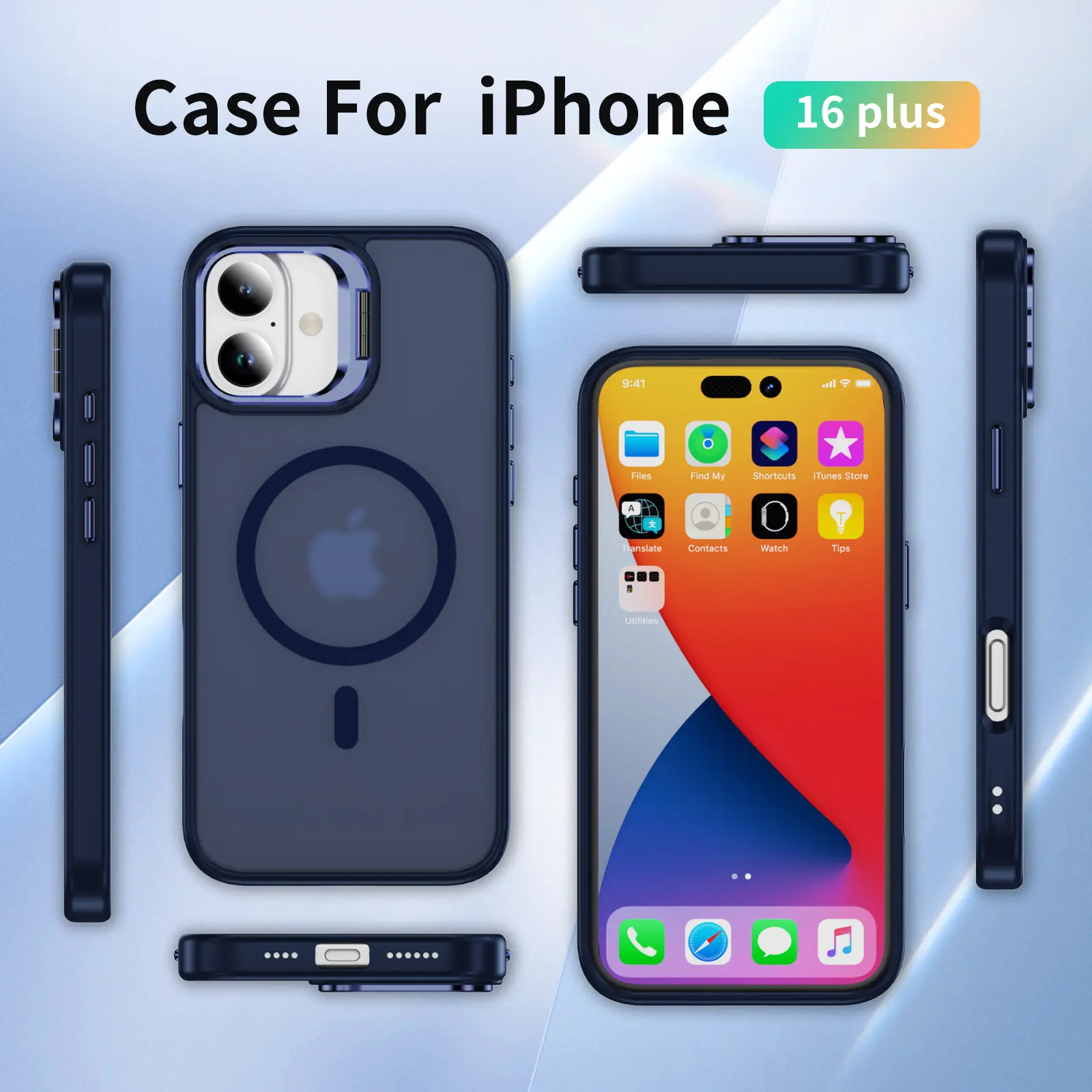 Apple iPhone 16 Plus Hoesje MagSafe Back Cover met Camera Stand Blauw afbeelding 10