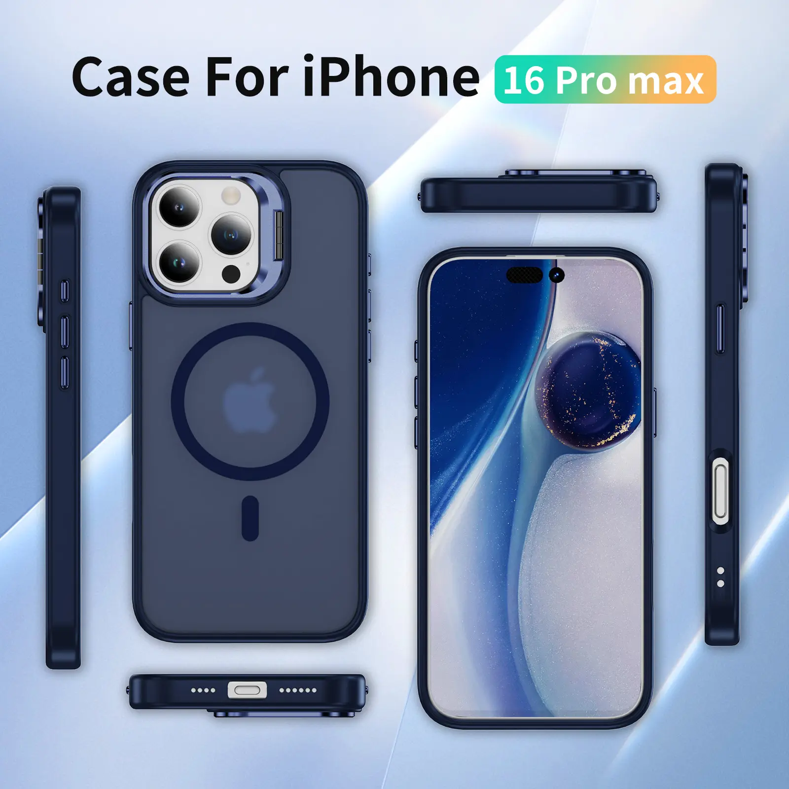 Apple iPhone 16 Pro Max Hoesje MagSafe Back Cover met Camera Stand Blauw afbeelding 8