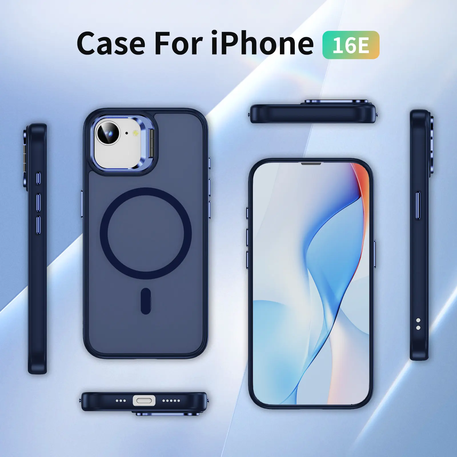 Apple iPhone 17e / 16e Hoesje MagSafe Back Cover met Camera Stand Blauw afbeelding 11