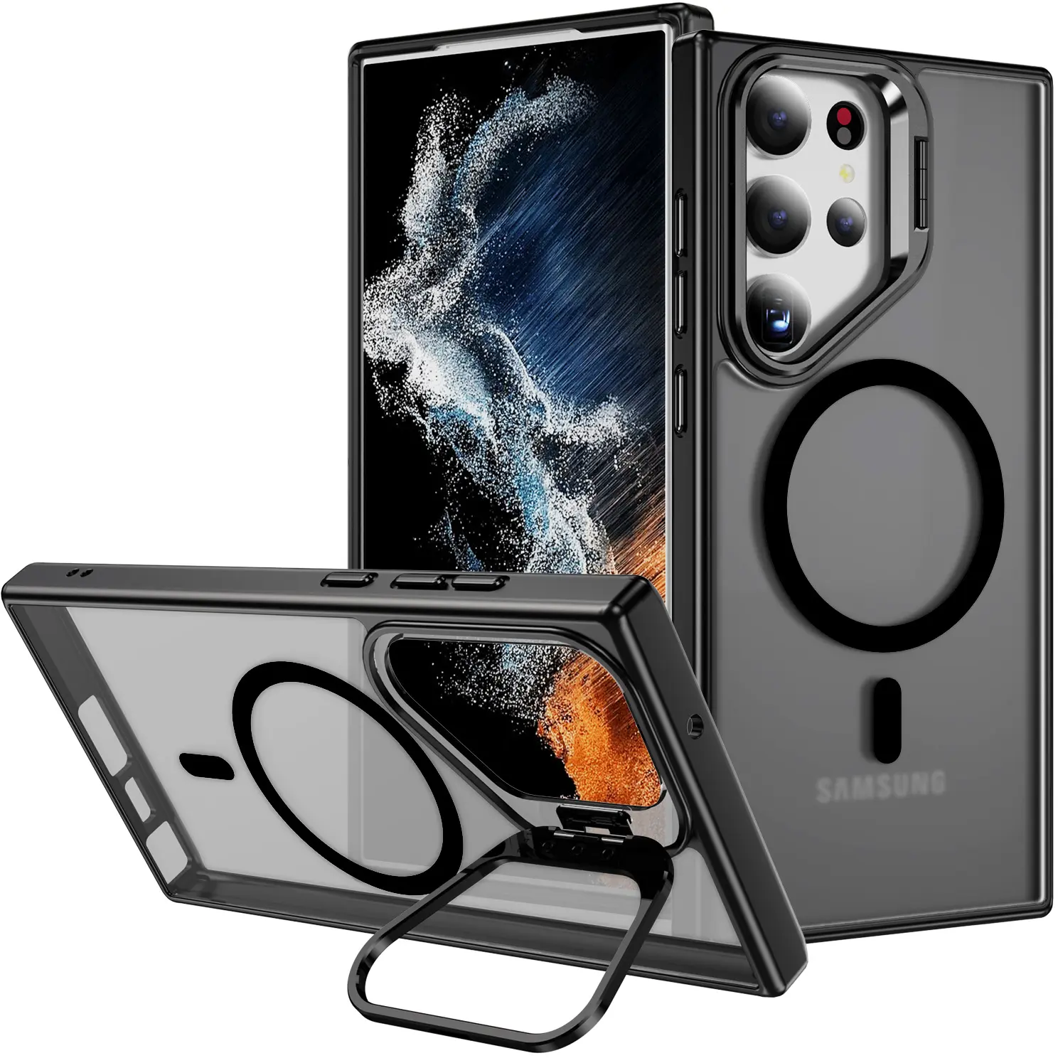 Samsung Galaxy S23 Ultra Hoesje MagSafe Back Cover met Camera Stand Zwart afbeelding 1
