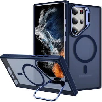 Samsung Galaxy S23 Ultra Hoesje MagSafe Back Cover met Camera Stand Blauw