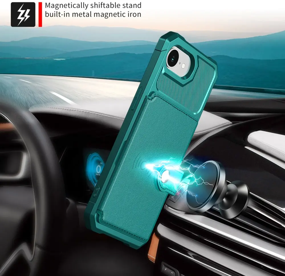 Apple iPhone 17e / 16e TPU Back Cover met Kunstleren Wallet Groen afbeelding 5