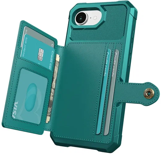Apple iPhone 17e / 16e TPU Back Cover met Kunstleren Wallet Groen afbeelding 4