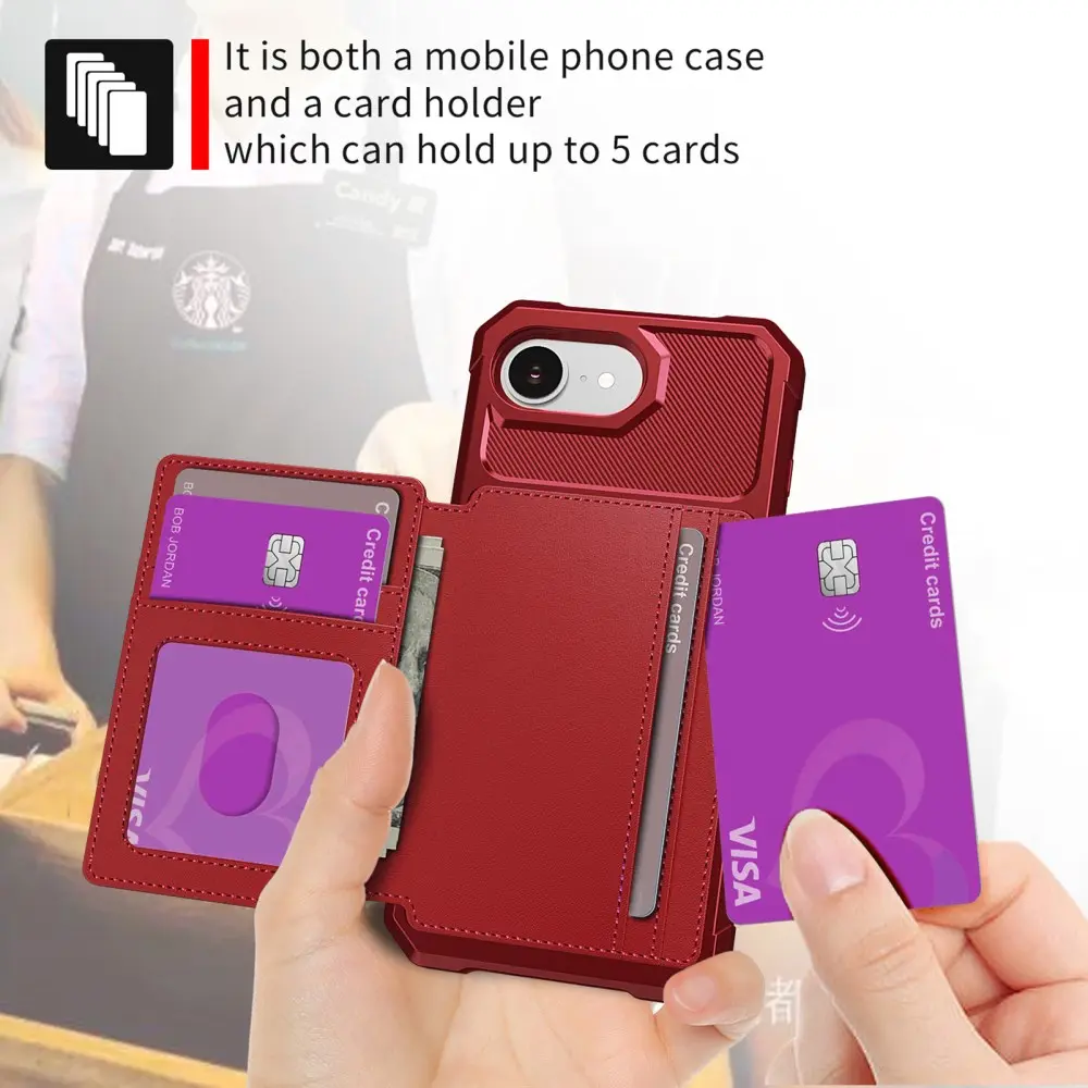 Apple iPhone 17e / 16e TPU Back Cover met Kunstleren Wallet Rood afbeelding 8