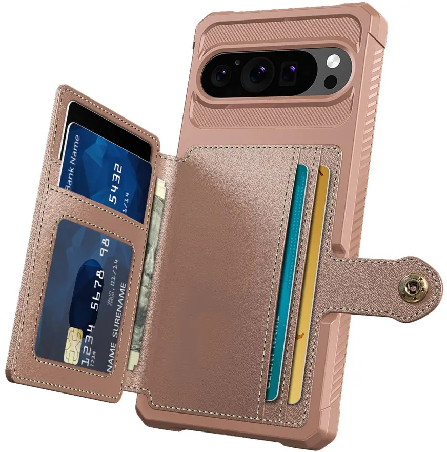 Google Pixel 9 Pro TPU Back Cover met Kunstleren Wallet Roze afbeelding 4
