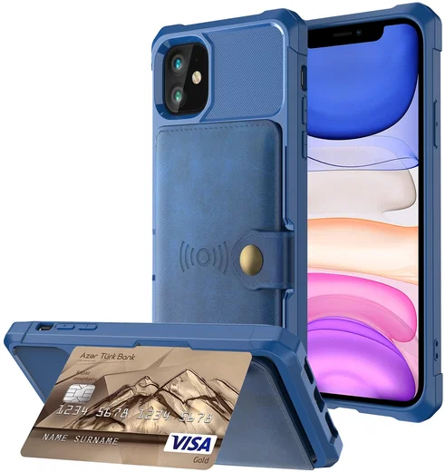 Apple iPhone 11 TPU Back Cover met Kunstleren Wallet Blauw afbeelding 2