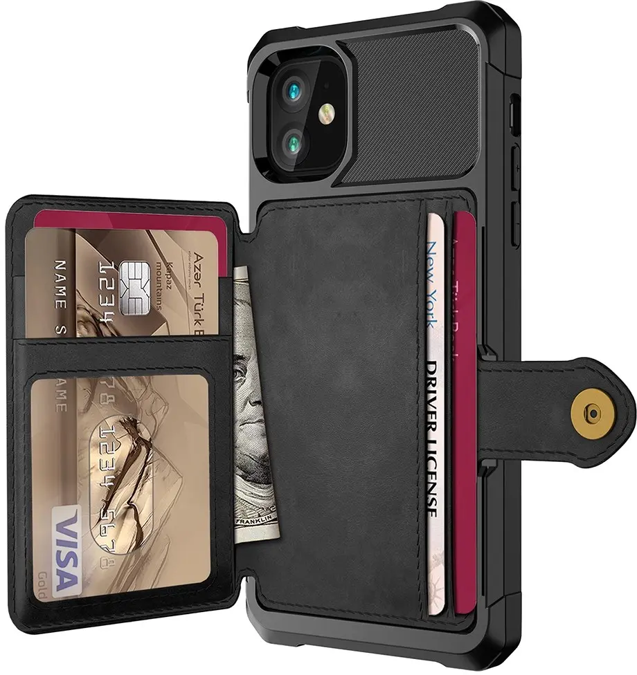 Apple iPhone 12 / 12 Pro TPU Back Cover met Kunstleren Wallet Zwart afbeelding 7