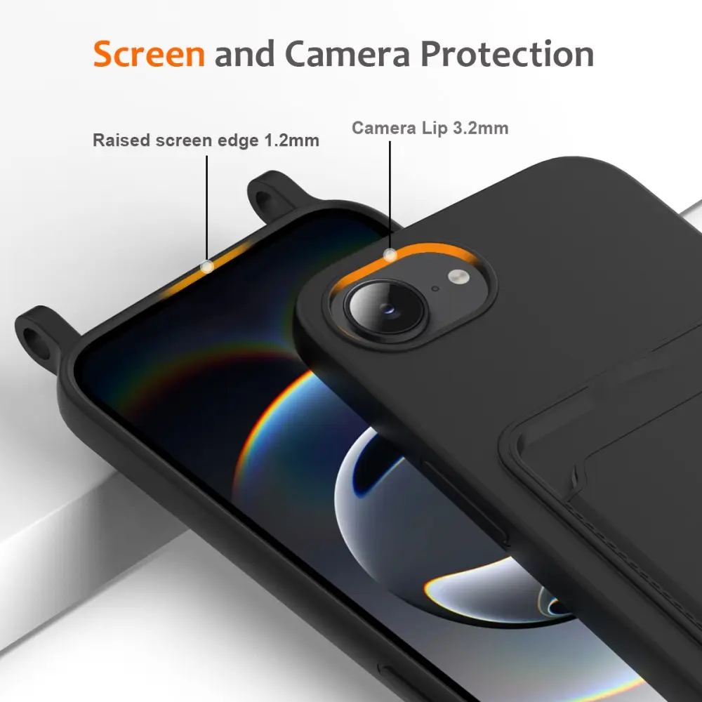 Apple iPhone 16e / 17e Hoesje met Koord en Pasjeshouder Siliconen Zwart afbeelding 7