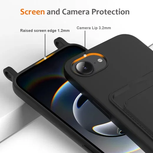 Apple iPhone 16e / 17e Hoesje met Koord en Pasjeshouder Siliconen Zwart afbeelding 7