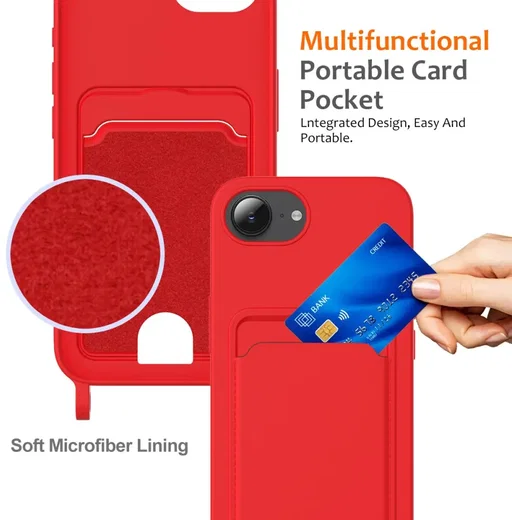 Apple iPhone 16e / 17e Hoesje met Koord en Pasjeshouder Siliconen Rood afbeelding 5