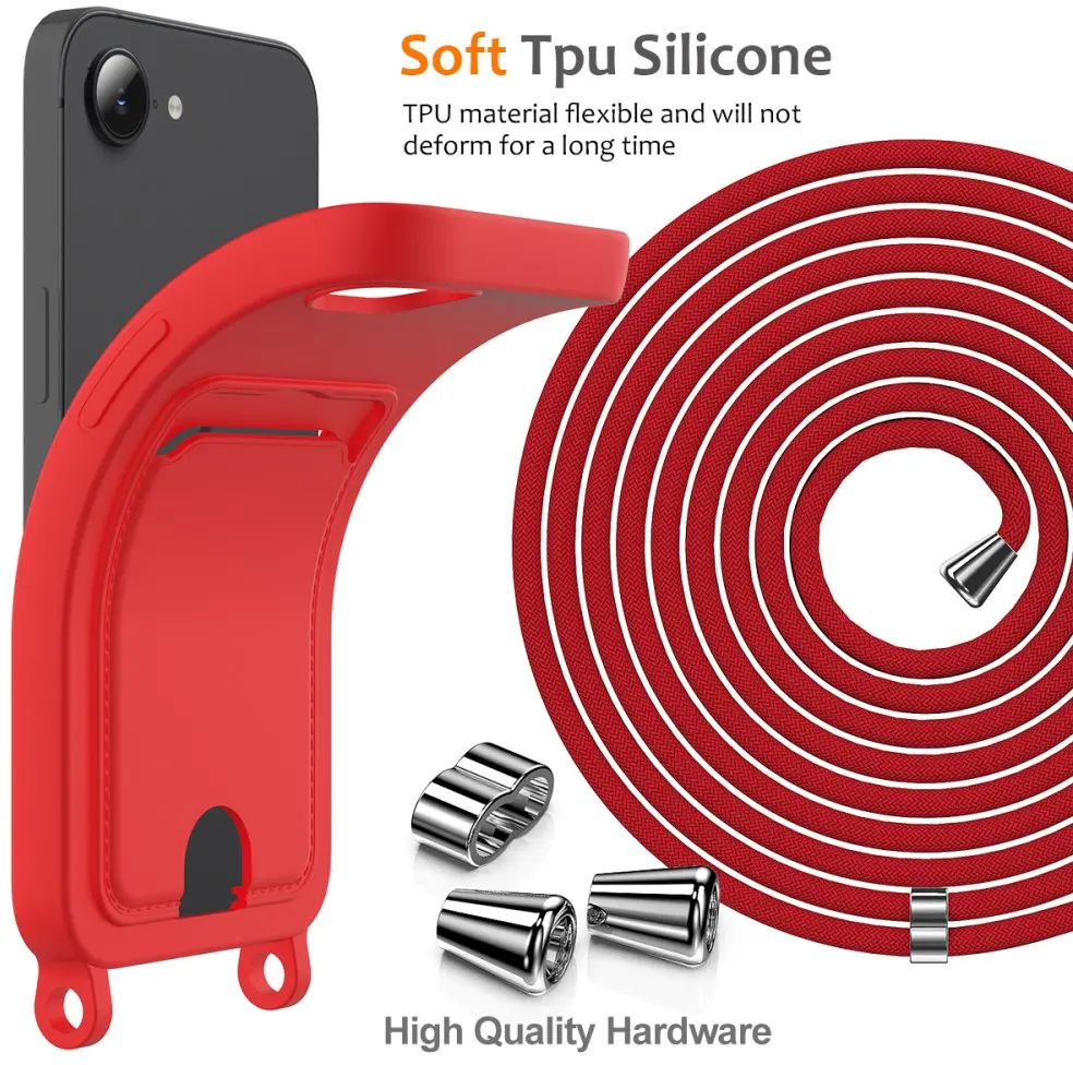 Apple iPhone 16e / 17e Hoesje met Koord en Pasjeshouder Siliconen Rood afbeelding 7