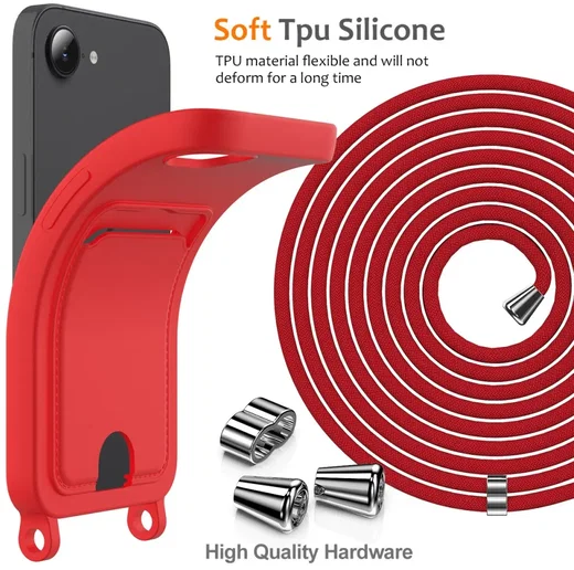 Apple iPhone 16e / 17e Hoesje met Koord en Pasjeshouder Siliconen Rood afbeelding 7