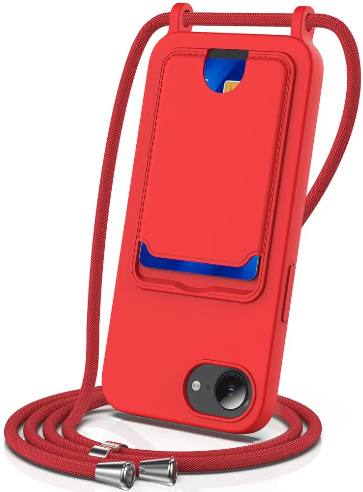 Apple iPhone 16e / 17e Hoesje met Koord en Pasjeshouder Siliconen Rood afbeelding 1