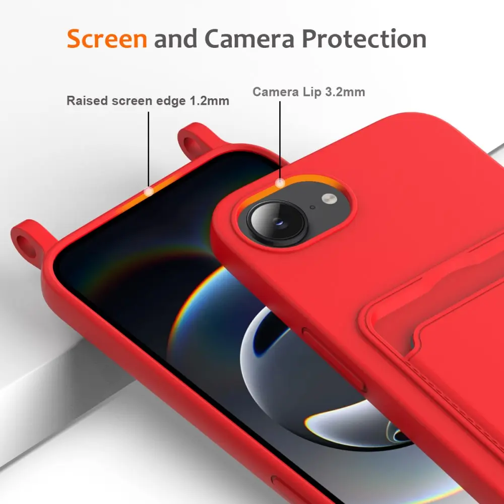 Apple iPhone 16e / 17e Hoesje met Koord en Pasjeshouder Siliconen Rood afbeelding 8
