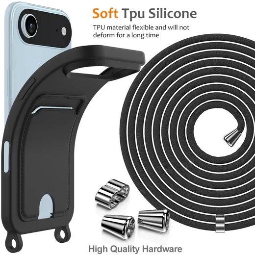 Apple iPhone Air Hoesje met Koord en Pasjeshouder Siliconen Zwart afbeelding 9
