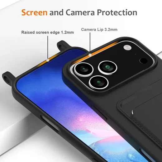 Apple iPhone 17 Pro Max Hoesje met Koord en Pasjeshouder Siliconen Zwart afbeelding 5