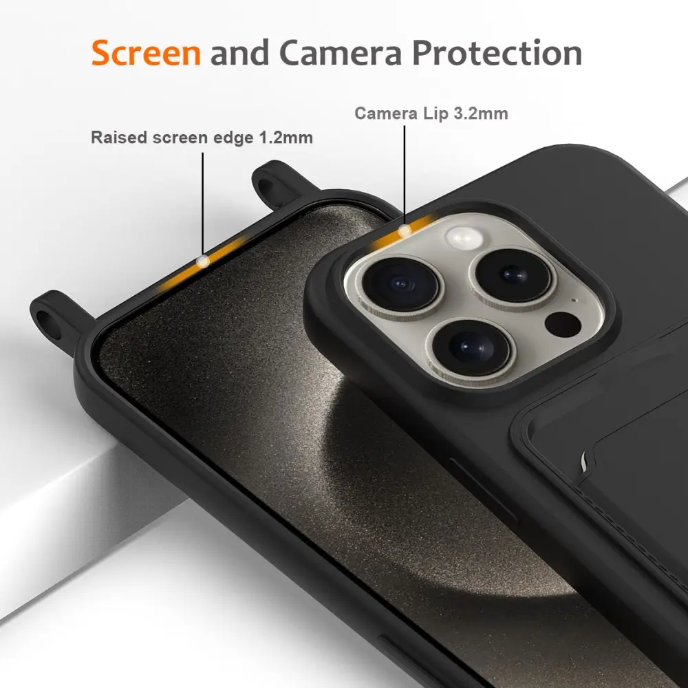 Apple iPhone 16 Pro Hoesje met Koord en Pasjeshouder Siliconen Zwart afbeelding 6