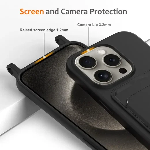 Apple iPhone 16 Pro Hoesje met Koord en Pasjeshouder Siliconen Zwart afbeelding 6