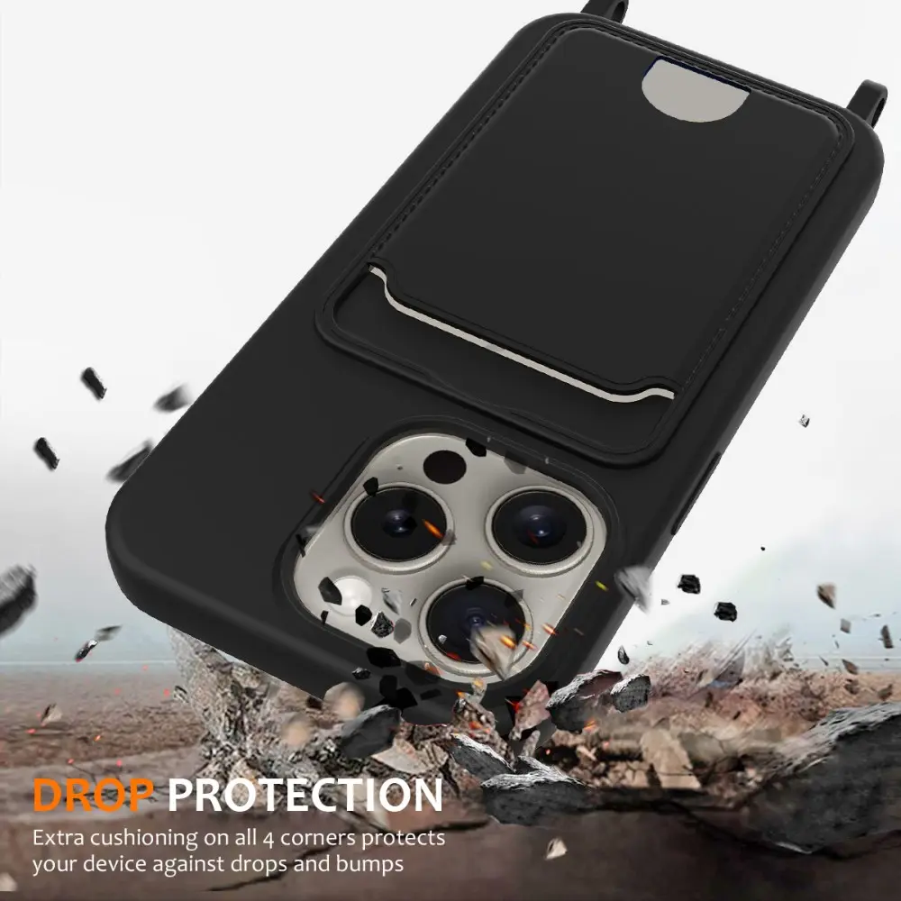 Apple iPhone 16 Pro Hoesje met Koord en Pasjeshouder Siliconen Zwart afbeelding 3