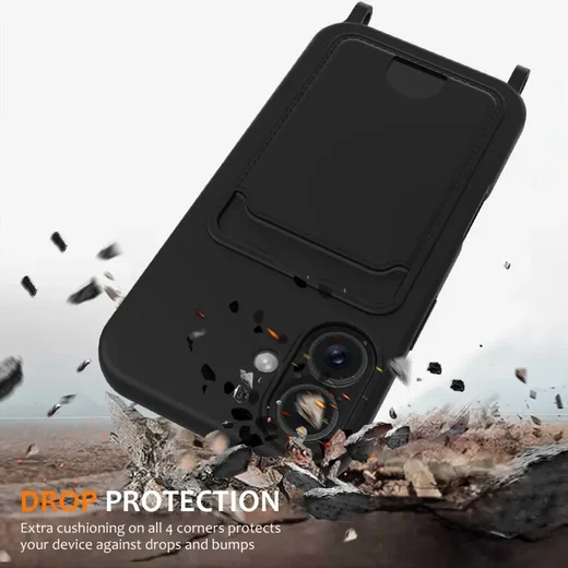 Apple iPhone 16 Hoesje met Koord en Pasjeshouder Siliconen Zwart afbeelding 4