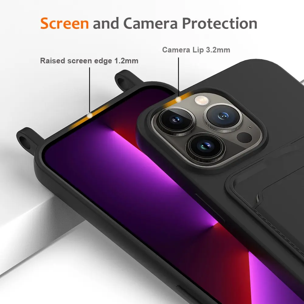 Apple iPhone 15 Pro Max Hoesje met Koord en Pasjeshouder Siliconen Zwart afbeelding 5