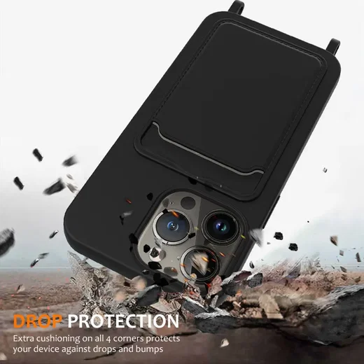 Apple iPhone15 Pro Hoesje met Koord en Pasjeshouder Siliconen Zwart afbeelding 4
