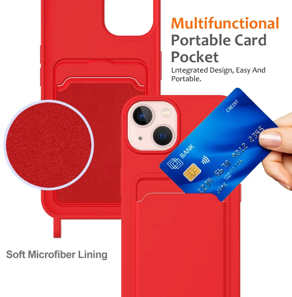 Apple iPhone 15 Hoesje met Koord en Pasjeshouder Siliconen Rood afbeelding 7