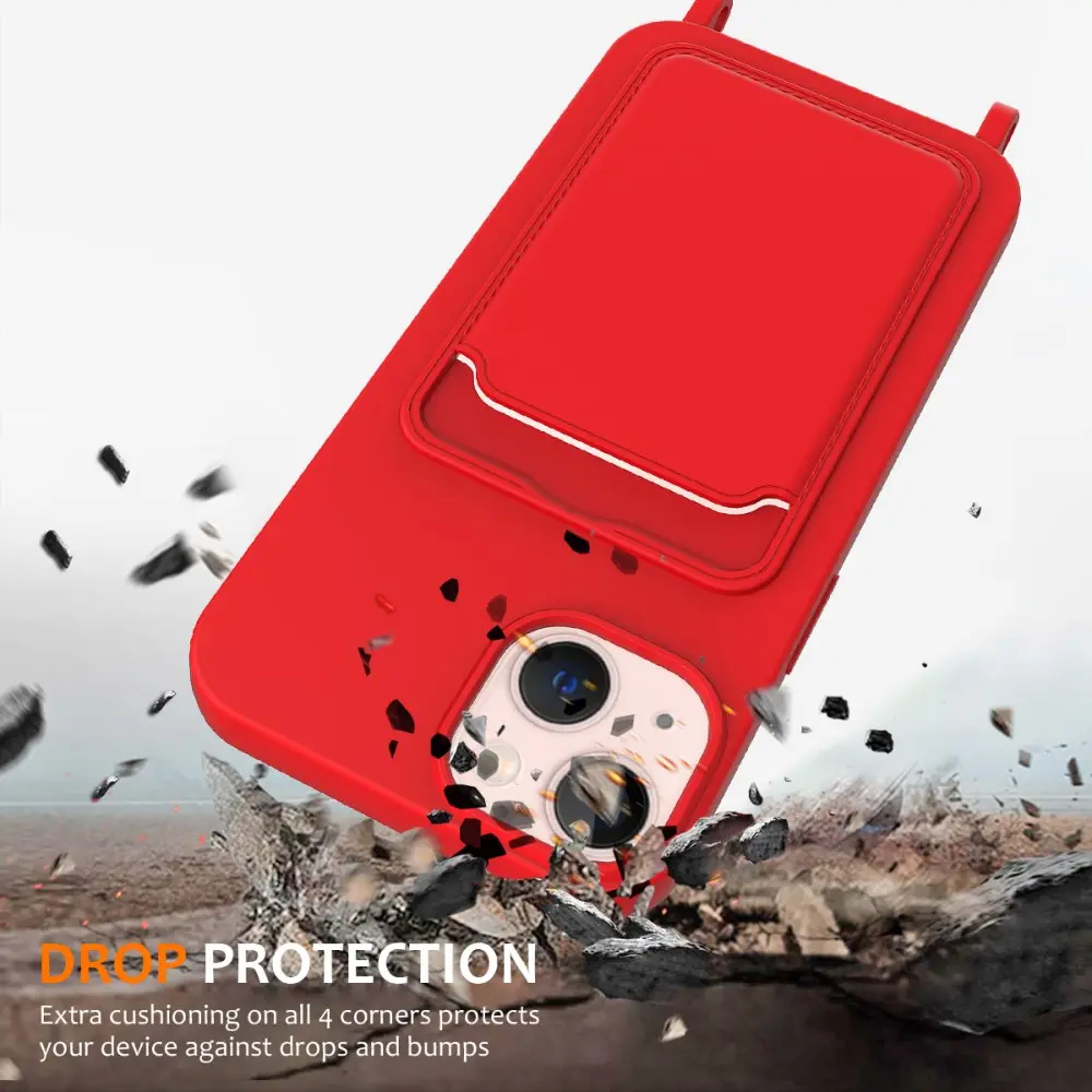 Apple iPhone 15 Hoesje met Koord en Pasjeshouder Siliconen Rood afbeelding 3