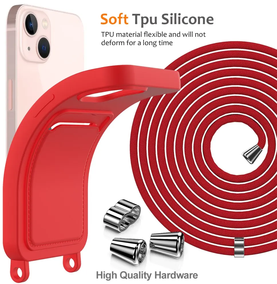 Apple iPhone 15 Hoesje met Koord en Pasjeshouder Siliconen Rood afbeelding 10