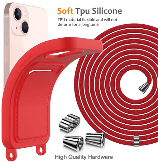 Apple iPhone 15 Hoesje met Koord en Pasjeshouder Siliconen Rood afbeelding 10
