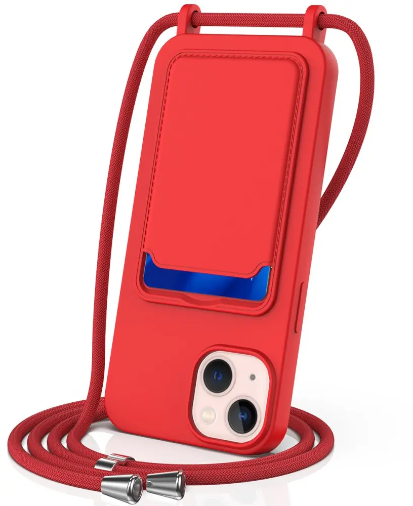 Apple iPhone 15 Hoesje met Koord en Pasjeshouder Siliconen Rood afbeelding 1