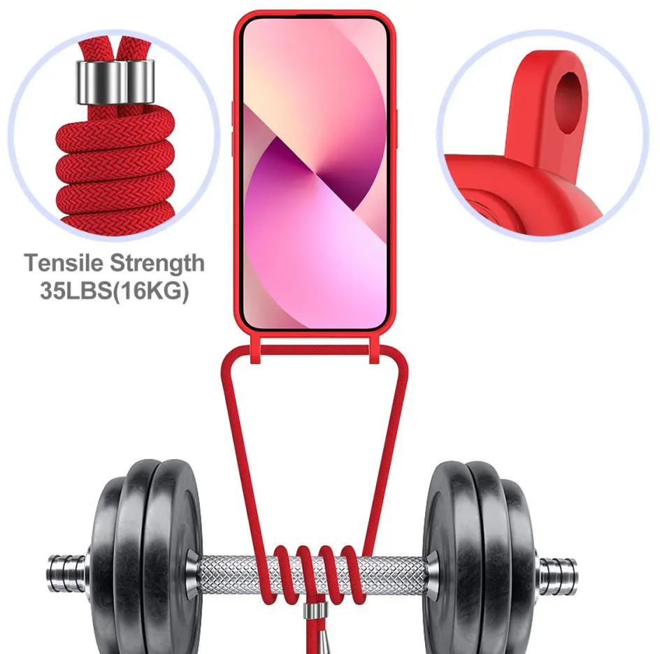 Apple iPhone 15 Hoesje met Koord en Pasjeshouder Siliconen Rood afbeelding 9